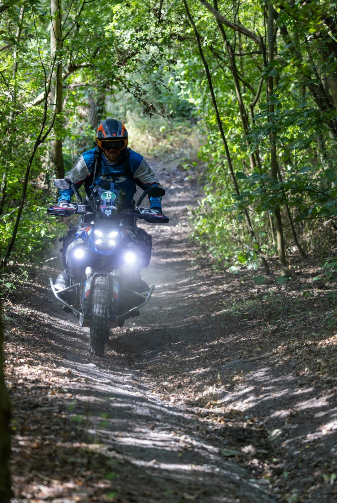 Un motard sur un chemin boisé